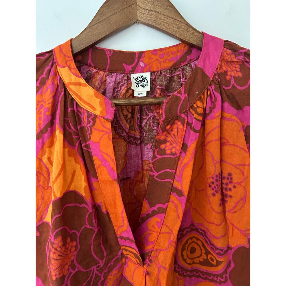 Ivy Jane Pink Orange Floral Bold Paisley V Neck Blouse Cotton Blend EUC S/M - Picture 5 of 10
